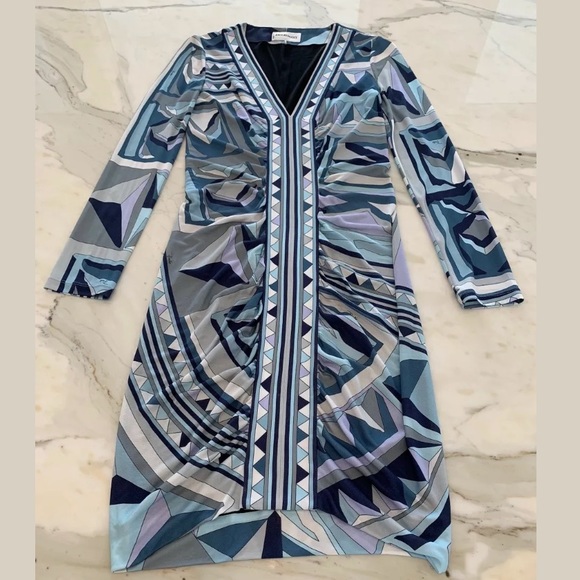 EMILIO PUCCI BLUE MULTI PRINT LONG SLEEVE DRESS SIZE IT 42 / US 8 NWOTS! - Picture 6 of 17